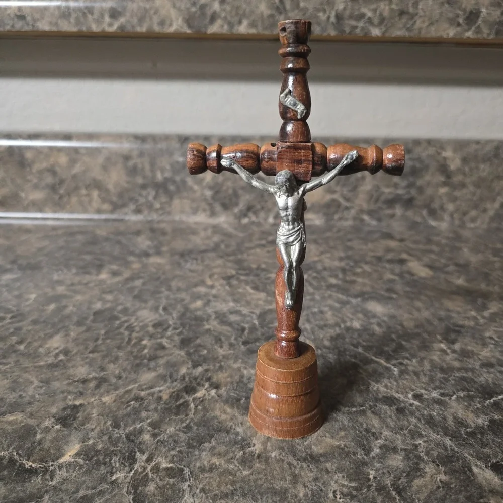 Vintage Wood Standing Crucifix Cross Metal Jesus Catholic Altar 7